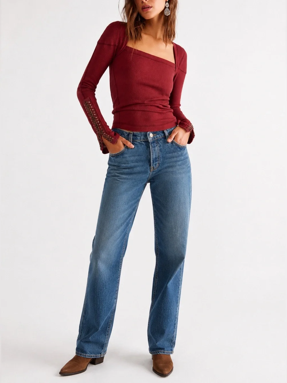 FREE PEOPLE A Little Unruly Top - Size XS - Red Jasper Long Sleeve Boho - NWT
